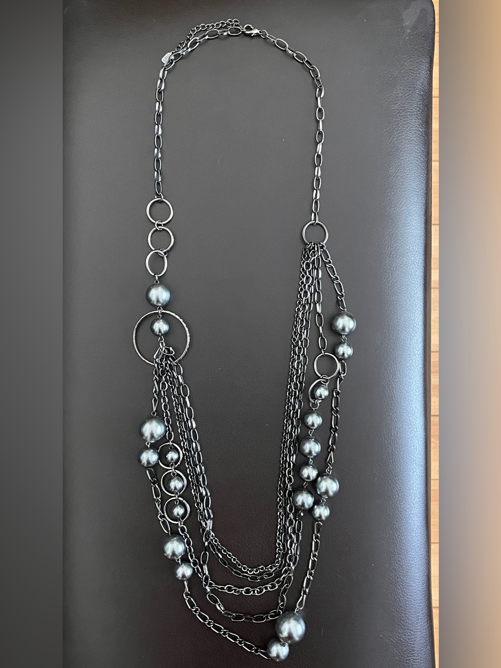 Multi-Strand Gunmetal Necklace with Grey Pearlescent Beadst